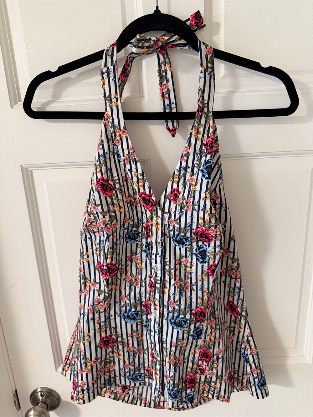 White House Black Market Striped Floral Halter Top V-Neck Coastal Nautical Sz 8
